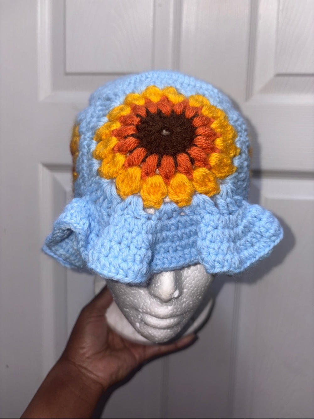 Handmade Crochet Flower Beanie in Sky Blue and Sunburst